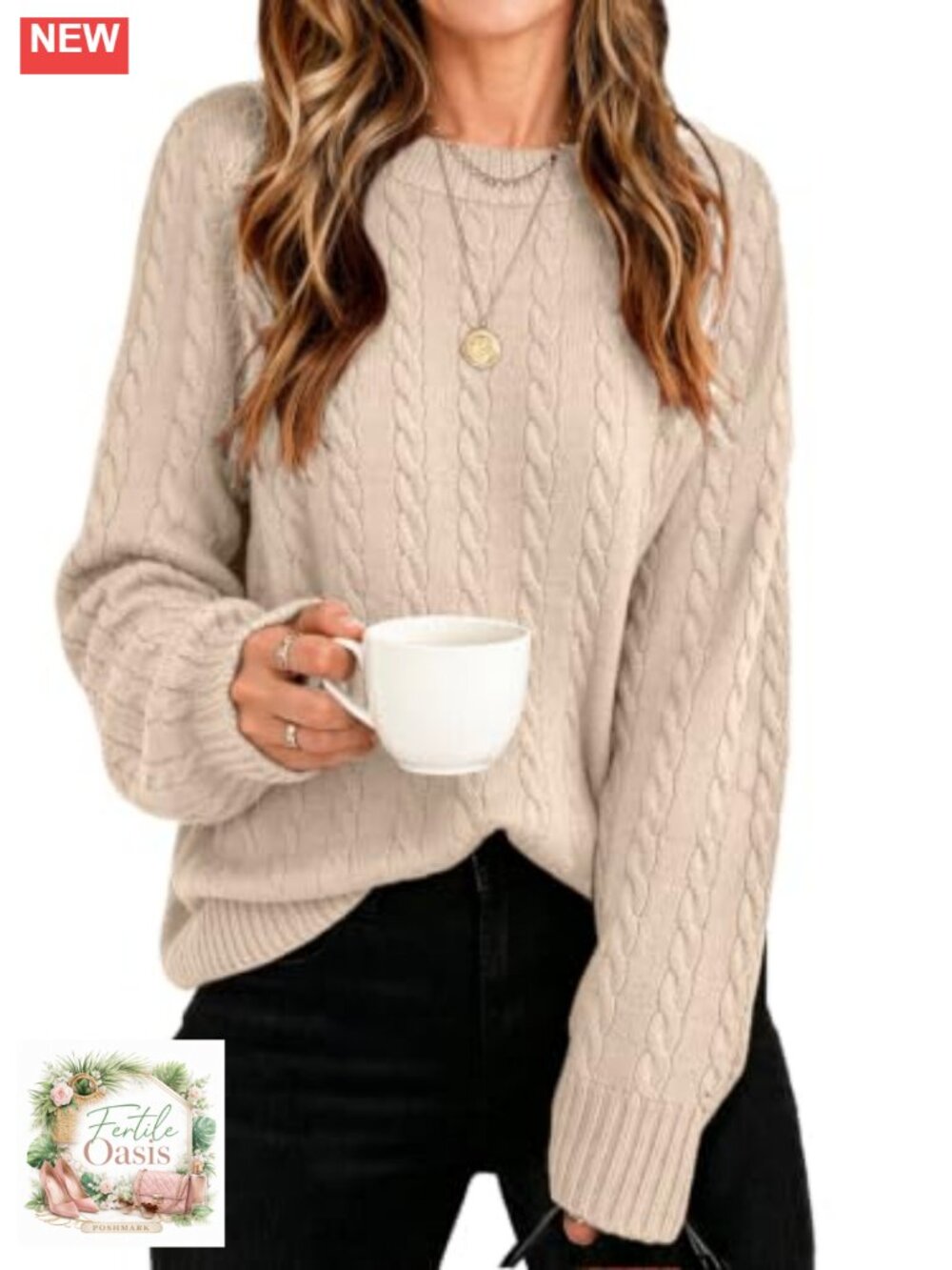 Women's Cable Knit Pullover Sweater - Long Sleeve Crewneck Trendy Fall Winter
